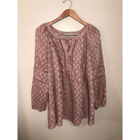 Daniel Rainn Sheer Peasant Top Women’s 0X Long Sleeve Dot Print Tassels Mauve - Picture 2 of 6